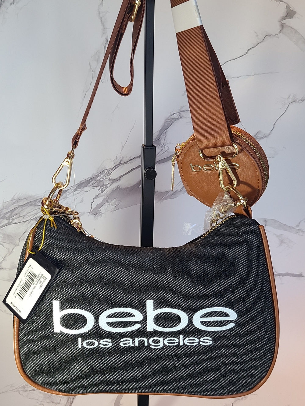 bebe Black Denim-Style Shoulder Bag with Brown Trim and Coin Pouch